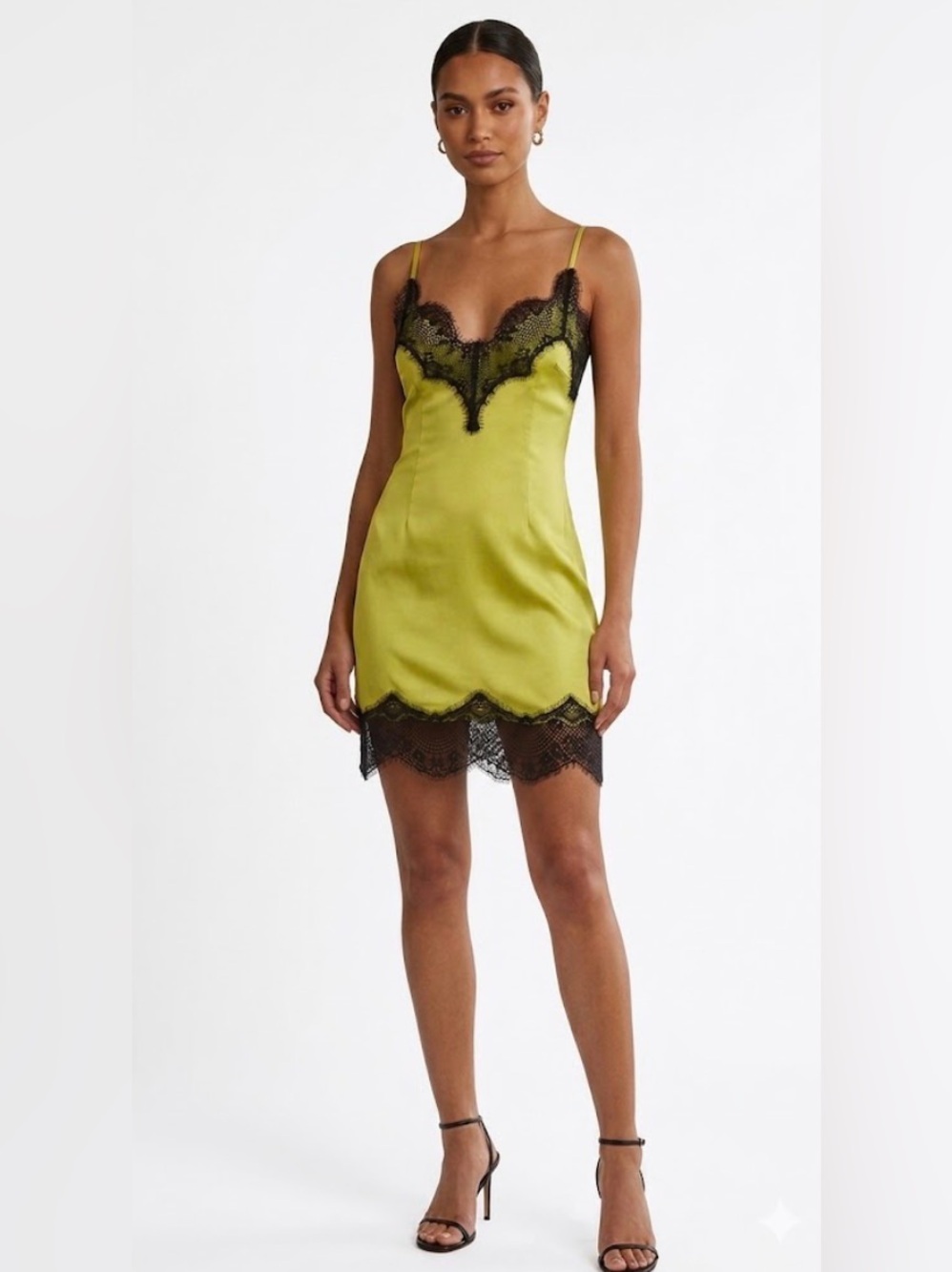 PrettyLittleThing Lime Satin Slip Dress with Black Lace